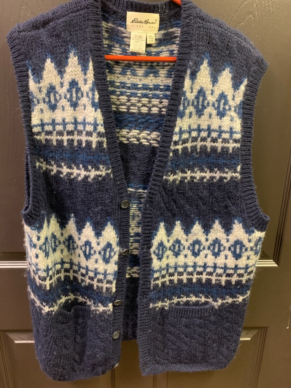 Eddie Bauer Navy and White Fair Isle Wool Button Vest Men’s Large